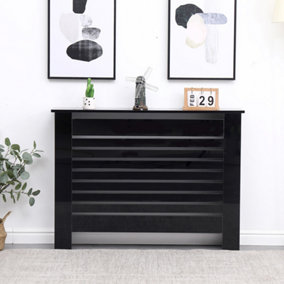 FurnitureHMD Modern Radiator Cover High Gloss Black Decorative Cabinet for Living Room, Bedroom,Horizontal slats,Medium