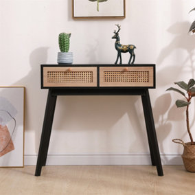 FurnitureHMD Modern Ratten Console Table Hallway Table Storage Table Desk with 2 Drawers for Hallway,Bedroom,Office
