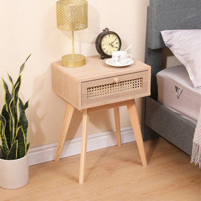 FurnitureHMD One Drawer Bedside Table Ratten Front Pine Wood Legs Wooden Bedroom Cabinet Side Table Storage