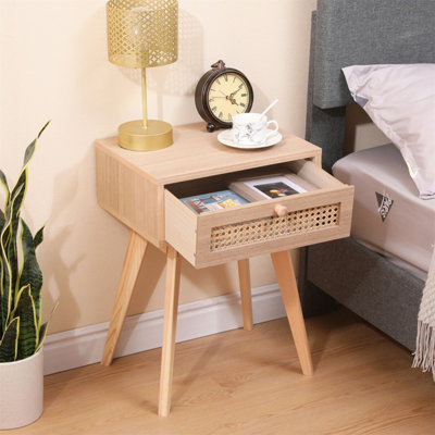 FurnitureHMD One Drawer Bedside Table,Ratten Front,Pine Wood Legs,Wooden Bedroom Cabinet,Side Table,Storage Nightstand