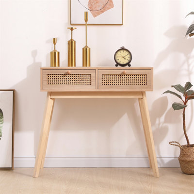 FurnitureHMD Ratten 2 Drawer Console Table,Hallway Table,Bedroom Makeup Vanity Desk with Pine Legs,Storage Furniture
