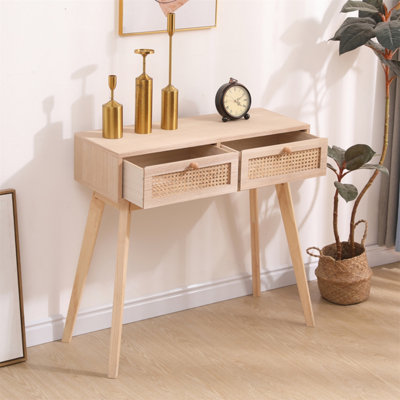 FurnitureHMD Ratten 2 Drawer Console Table,Hallway Table,Bedroom Makeup Vanity Desk with Pine Legs,Storage Furniture