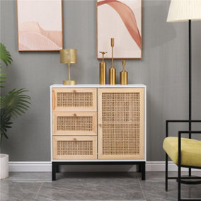 FurnitureHMD Ratten Storage Sideboard Cabinet with 1 Door 3 Drawers Buffet Cupboard,Metal Legs,Storage Shelf