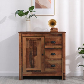 FurnitureHMD Rustic 1 Door 3 Drawer Sideboard Storage Unit Corner Cabinet Free Standing Organiser Metal Handle