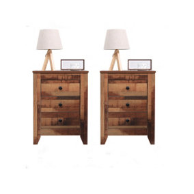 FurnitureHMD Set of 2 Bedside Tables Nightstand with 3 Drawers Rustic Style Wooden Side Table