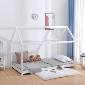 FurnitureHMD Solid Wood Kids Bed Frame, Tree-House Single Bed Frame,Floor Bed Frame,for Girls and Boys,90x190cmm,White