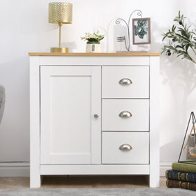 FurnitureHMD Storage Sideboard Cupboard Buffet Table with 1 Door 3 Drawers White and Oak