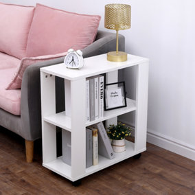 FurnitureHMD White Sofa Side Table End Table with Storage Shelf Coffee Desk with Wheels
