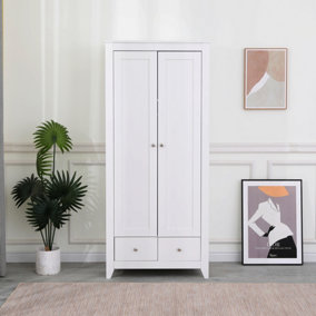FurnitureHMD Wooden 2 Door 2 Drawer Wardrobe with Hanger White Home Clothing Storage Cabinet Bedroom Furniture