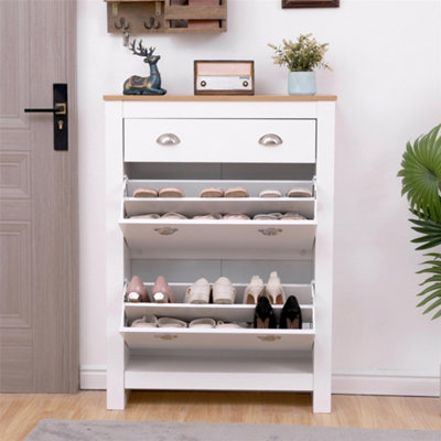 FurnitureHMD Wooden 2 Tier Shoe Cabinet Modern Shoe Organiser Unit with One Darwer Shoe Cupboard for Hallway,Bedroom,Living Room