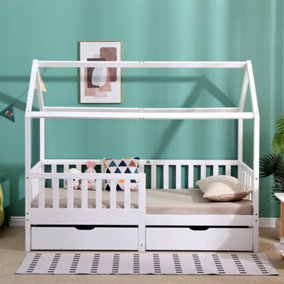 FurnitureHMD Wooden Kids Bed Frame,Solid Pine Wood,3 FT Single House Bed Frame,Chidren Floor Bed with Two Drawers