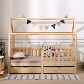 FurnitureHMD Wooden Kids Bed Frame,Solid Pine Wood,3 FT Single House Bed Frame,Chidren Floor Bed with Two Drawers