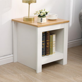 FurnitureHMD Wooden Lamp Table Small Side Table with Storage Shelf Coffee Table Bedroom Bedside Table Nightstand,White and Oak