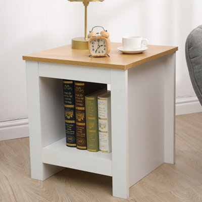 FurnitureHMD Wooden Lamp Table Small Side Table with Storage Shelf Coffee Table Bedroom Bedside Table Nightstand,White and Oak