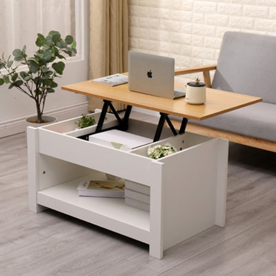 Modern wood lift top coffee table with hidden compartment and deals lower shelf