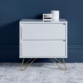 Fusion 2 Drawer White Bedside Table With Brass Feet