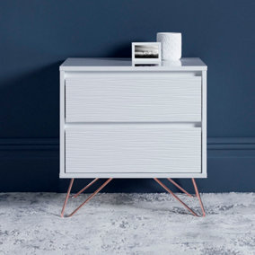 Fusion 2 Drawer White Bedside Table With Pink Copper Feet