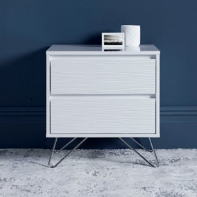 Fusion 2 Drawer White Bedside Table With Stainless Steel Feet
