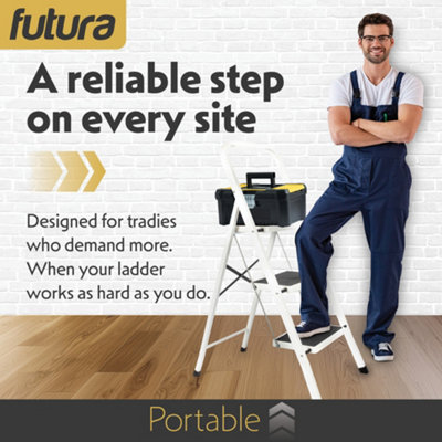 Futura 3 Step Ladder White, Heavy-Duty Steel Folding Home DIY Step ...
