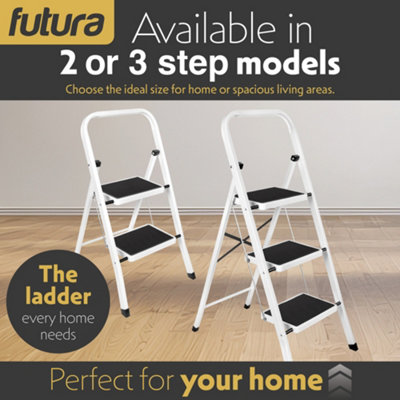 Futura 3 Step Ladder White, Heavy-Duty Steel Folding Home DIY Step ...