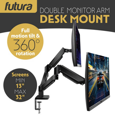 Futura Dual Monitor Arm Desk Mount Gas Spring Bracket 13-32 Inch Screens, Adjustable Stand, Full Motion Tilt Swivel Rotation