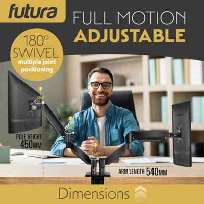 Futura Dual Monitor Arm Desk Mount Gas Spring Bracket 13-32 Inch Screens, Adjustable Stand, Full Motion Tilt Swivel Rotation