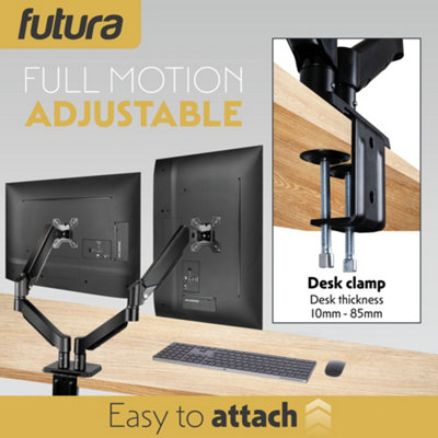 Futura Dual Monitor Arm Desk Mount Gas Spring Bracket 13-32 Inch Screens, Adjustable Stand, Full Motion Tilt Swivel Rotation