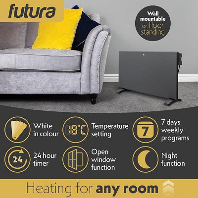 Futura Electric Panel Heater 1500W Eco Radiator Grey Wall Mounted & Freestanding Thermostat Control & Setback Timer Lot 20
