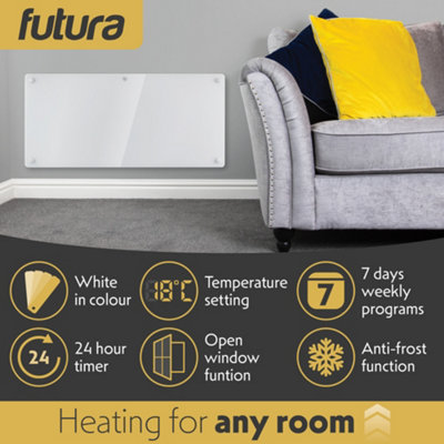 Futura Electric Panel Heater 2000W White Wall Mounted & Free Standing Glass Timer Thermostat Control Lot 20