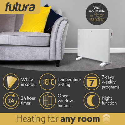 Futura Electric Radiator Panel Heater 1000W Bathroom Safe Setback Timer Thermostat Control Wall Mounted Floor Standing Low Energy