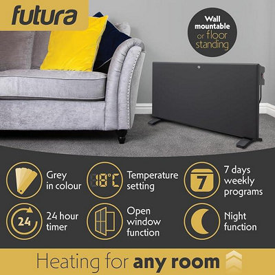 Futura Electric Radiator Panel Heater 2000W Eco Grey Wall Mounted & Freestanding Thermostat & Timer Lot 20
