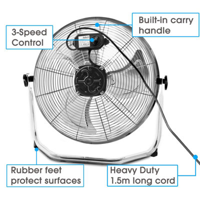 Futura Floor Fan 20 Inch Portable 110W Chrome Fan Adjustable 3 Speed Floor Standing Cooling Fan