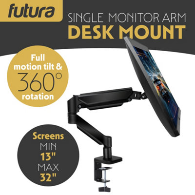 Futura Single Monitor Arm Desk Mount Gas Spring Bracket 13-32 Inch Screens, Adjustable Stand, Full Motion Tilt Swivel Rotation