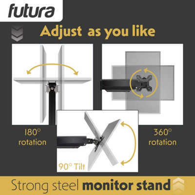 Futura Single Monitor Arm Desk Mount Gas Spring Bracket 13-32 Inch Screens, Adjustable Stand, Full Motion Tilt Swivel Rotation