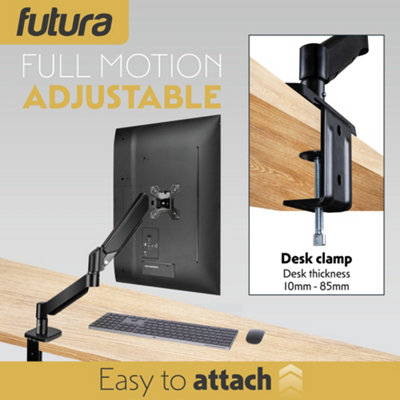 Futura Single Monitor Arm Desk Mount Gas Spring Bracket 13-32 Inch Screens, Adjustable Stand, Full Motion Tilt Swivel Rotation