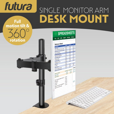 Futura Single Monitor Desk Mount Arm for 13 to 32 Inch Screens - Monitor Desk Mount with Clamp 90 Tilt, 360 Rotation & 180 Swivel