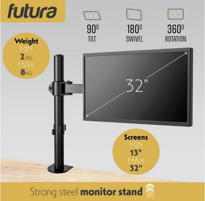 Futura Single Monitor Desk Mount Arm for 13 to 32 Inch Screens - Monitor Desk Mount with Clamp 90 Tilt, 360 Rotation & 180 Swivel