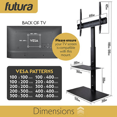 Futura TV Floor Stand 30 to 75 Inch Height Adjustable Swivel Mount with Shelf Supports 40kg