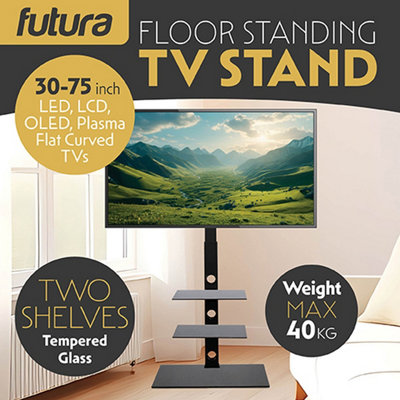Futura TV Floor Stand 30 to 75 Inch Height Adjustable Swivel Mount with Two Shelves Supports 40kg