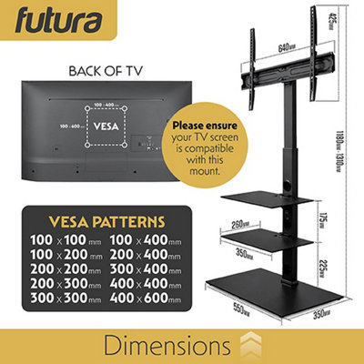 Futura TV Floor Stand 30 to 75 Inch Height Adjustable Swivel Mount with Two Shelves Supports 40kg