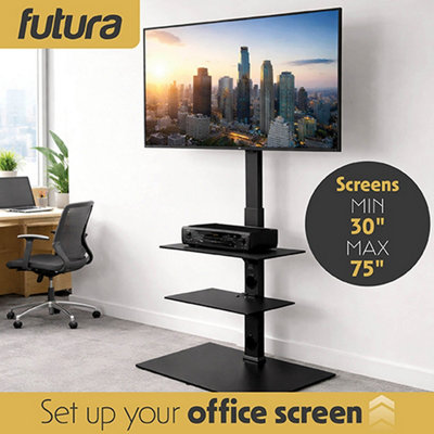 Futura TV Floor Stand 30 to 75 Inch Height Adjustable Swivel Mount with Two Shelves Supports 40kg