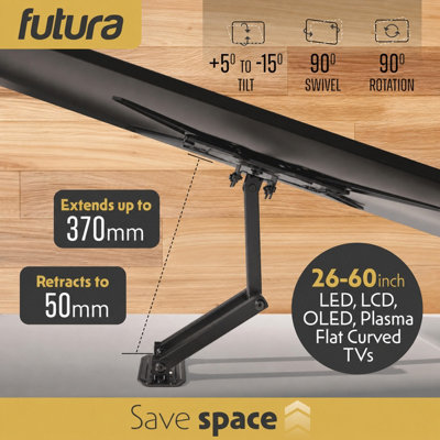 Futura Universal TV Wall Bracket Mount 26-60 Inch TVs, Tilt, Swivel & 90 Rotation, VESA 400mm x 400mm, 35kg Max Load Heavy Duty