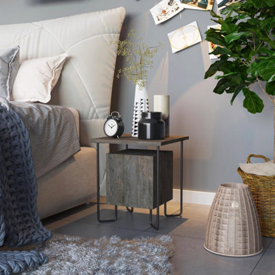 FWStyle 1 Door Bedside Table Dark Coffee Black Metal Frame