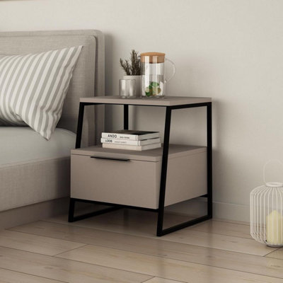 FWStyle 1 Door Bedside Table Cabinet Modern Mocha Grey Black Metal Frame
