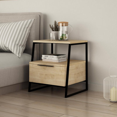 FWStyle 1 Door Bedside Table Cabinet Modern Natural Oak Black Metal Frame