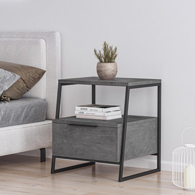 FWStyle 1 Door Bedside Table Cabinet Modern Retro Grey Black Metal Frame