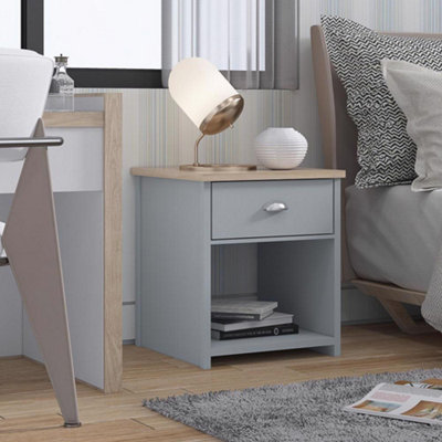 FWStyle 1 Drawer Grey Bedside Table Lamp Oak Effect Top