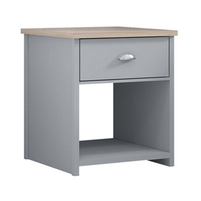 FWStyle 1 Drawer Grey Bedside Table Lamp Oak Effect Top