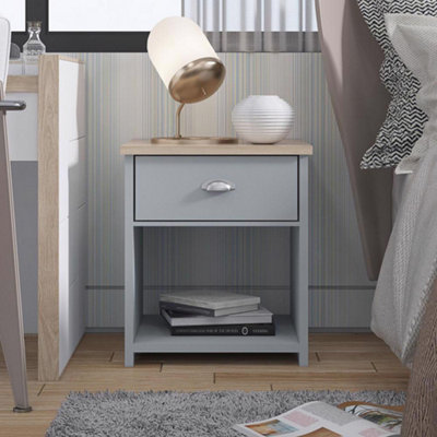 FWStyle 1 Drawer Grey Bedside Table Lamp Oak Effect Top