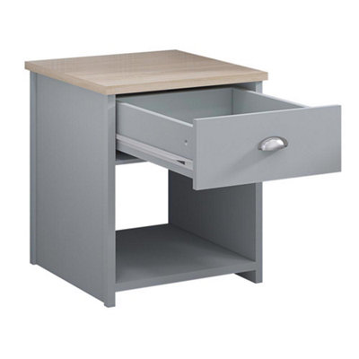 FWStyle 1 Drawer Grey Bedside Table Lamp Oak Effect Top